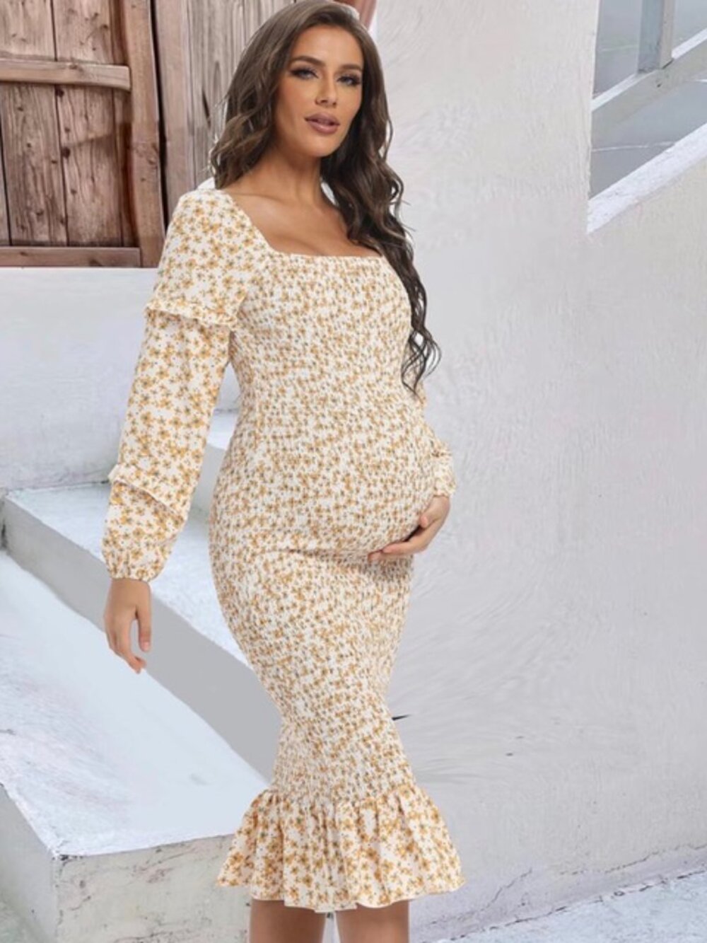 Maternity Dress Large Floral Smocked Bodycon Midi Puff Sleeve Ruffle NWT